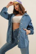 0662 Denim Balon Kollu Kot Ceket - Mavi resmi